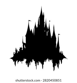 Black silhouette of a gothic castle with tall spires, towers, and intricate architectural details against a white background.