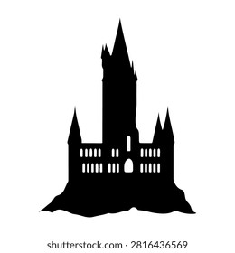 Black silhouette of a gothic castle tower with spires on a rocky cliff, emphasizing medieval architecture and mysterious ambiance.