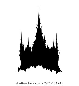 Black silhouette of a gothic castle with towering spires, detailed architecture, and a dramatic sky background, emphasizing medieval fantasy design.