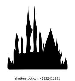 Black silhouette of a gothic castle with towering spires and intricate architectural details against a white background.