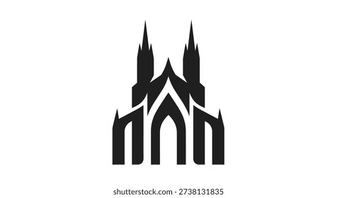 Black silhouette of a gothic cathedral facade with pointed arches and spires. The vector is isolated on a white background. Suitable for print, web, and digital use.