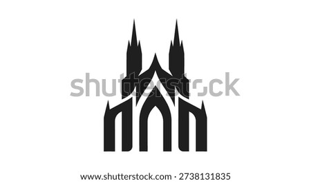 Black silhouette of a gothic cathedral facade with pointed arches and spires. The vector is isolated on a white background. Suitable for print, web, and digital use.