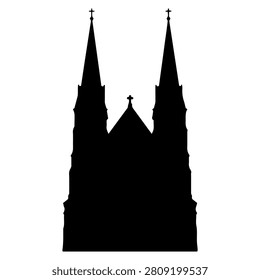 Black silhouette of a Gothic cathedral featuring two tall spires against a white background, emphasizing architectural grandeur and historical design.