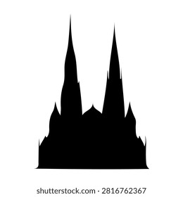 Black silhouette of a Gothic cathedral featuring multiple tall spires against a plain background, emphasizing architectural grandeur and historic design.