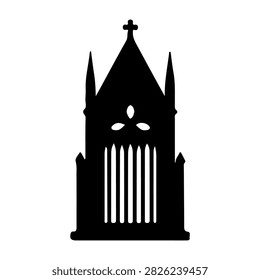 Black silhouette of a Gothic cathedral tower featuring spires, a cross at the top, and intricate architectural details against a white background.