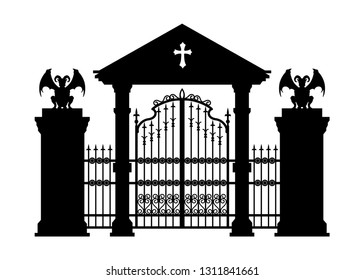 Black silhouette of gothic cemetery gate. Isolated drawing of cathedral build. Fantasy architecture. European medieval landmark. Design element. Vector illustration