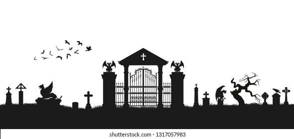 Black silhouette of gothic cemetery.  Medieval architecture. Graveyard with gate, crypt and tombstones. Halloween scene. Vector illustration