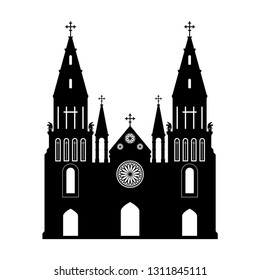 Black silhouette of gothic church. Isolated drawing of cathedral build. Fantasy architecture. European medieval landmark. Design element. Vector illustration