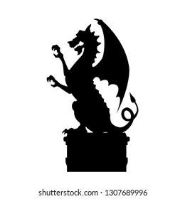 Black silhouette of gothic statue of dragon. Medieval architecture. Side view of stone cathedral sculpture. Isolated image on white background. Vector illustration