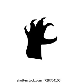 Black silhouette of grab reacting zombie hand with claws isolated on white background. Vector illustration, clip art, 