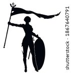 Black silhouette of a graceful knight girl with a flag in her hand and a round shield, and a rapier on her belt, she stands in a victory pose, her hair is short . 2D illustration