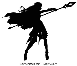 The black silhouette of a graceful sorceress girl standing in a casting pose , her cloak and hair swaying in the wind, she has the thin, fragile legs of an elf. 2d illustration