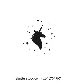 Black silhouette of graceful unicorn and stars. Fairy tale symbol. vector flat icon isolated on white background. magic logo. 