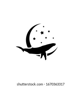 Black silhouette of graceful whale and stars. Fairy tale symbol. vector flat icon isolated on white background. magic logo. 