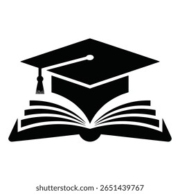 Black silhouette of a graduation cap atop an open book against a white background simple graphic design