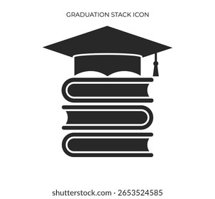 Uma silhueta preta de um boné de graduação no topo de uma pilha de três livros, simbolizando a educação e a realização acadêmica.
