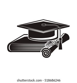 black silhouette graduation cap with certificate and book