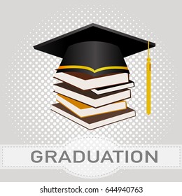 black silhouette graduation cap with stacked books and graduation text on halftone background. vector illustration.