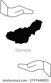 A black silhouette of the Granada region map is presented between two open hands, symbolizing care or protection.