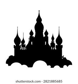 Black silhouette of a grand castle featuring multiple towers and spires, set against a plain white background, emphasizing architectural grandeur.