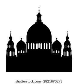 Black silhouette of a grand cathedral featuring multiple domes and crosses, emphasizing architectural grandeur and religious significance.