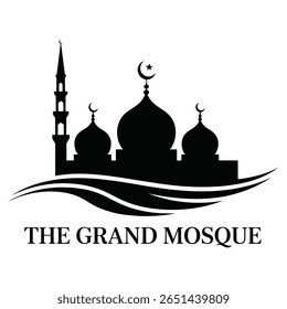 Silhueta preta de uma grande mesquita contra um fundo branco apresenta um minarete cúpulas e estrela lua crescente acima de tudo definido contra formas de onda estilizadas na base