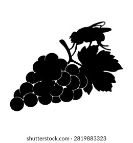 Black silhouette of a grape bunch with leaf and insect on white background, emphasizing natural elements and vineyard imagery.