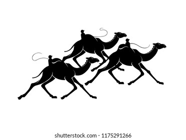 Black silhouette graphic of camels during camel races with a robot rider on the humps. Three elegant running dromedary, vector illustration, isolated on background.