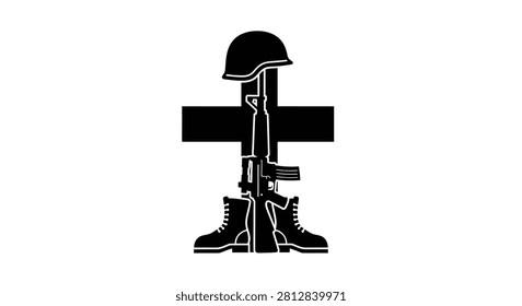 A black silhouette graphic depicting a fallen soldier memorial with a helmet resting on a rifle positioned in front of a cross with combat boots at the base.