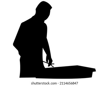 Black silhouette and graphic depicting a man doing outdoor grilling, BBQ, and Barbeque