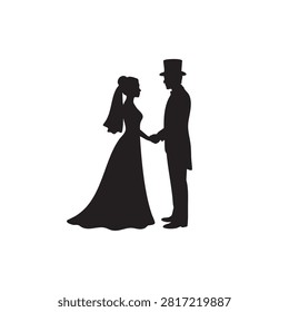 Black silhouette graphic featuring bride in wedding dress and groom in top hat suit holding hands. Romantic illustration representing marriage, wedding ceremony, love, union and partnership. Ideal for nuptial invitations, romantic event branding, wedding planning concepts and elegant stationary.