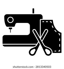 A black silhouette graphic featuring a sewing machine, fabric swatch, and scissors, representing tailoring, crafting, and textile arts. Ideal for design projects.