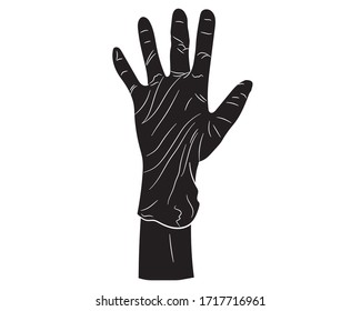 Black silhouette of a graphic hand in a medical glove. Hand protection against bacteria. Quarantine. Coronavirus. Vector illustration