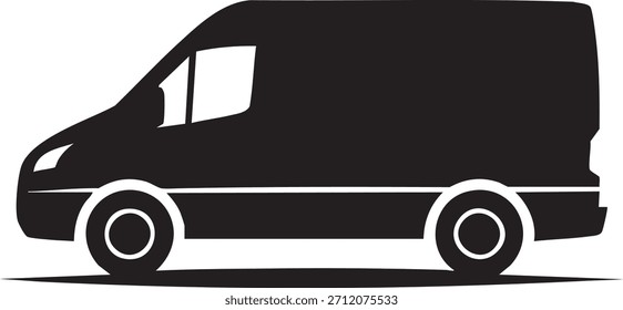 A black silhouette graphic representing a side view of a modern commercial cargo van, often used for deliveries or transport. The image is isolated on a white background.
