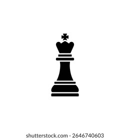 Black silhouette graphic showing a single king chess piece, isolated on a white background. Ideal for illustrating strategy, games, and competition concepts visually.