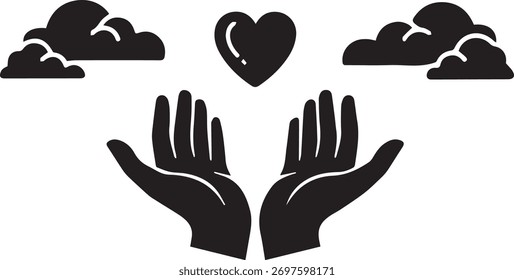 Black silhouette graphic of two open hands reaching upwards towards a heart symbol. Two stylized clouds flank the heart on a white background.