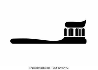 Black silhouette graphic vector illustration of toothbrush with toothpaste, representing the concept of dental hygiene and health care. Ideal for educational, promotional or complementary visuals.