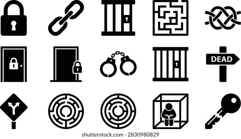 Black silhouette graphics representing confinement security jail cells handcuffs and obstacles for legal safety themes.