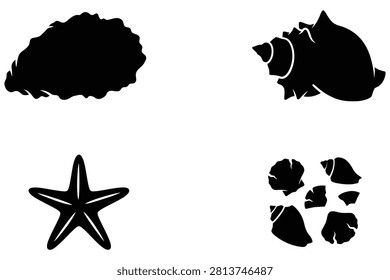 Black silhouette graphics of seashells starfish arranged in four separate transparent sections