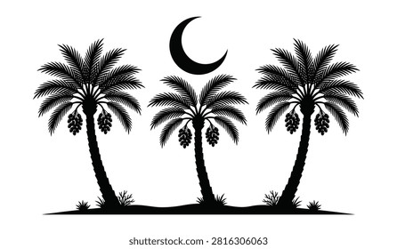 Black silhouette graphics of three date palm trees with fruit clusters under crescent moon symbol on white background.