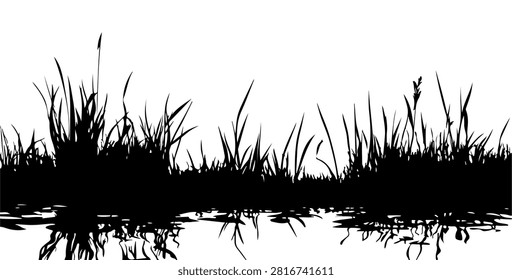Black silhouette of grass blades with their reflection on water, emphasizing natural flora and tranquil water surface in a minimalistic style.