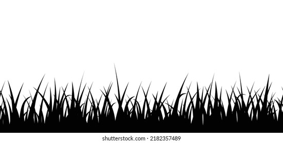 Black silhouette of grass border, seamless vector illustration on white background. Nature design element, horizontal banner with copy space for text.