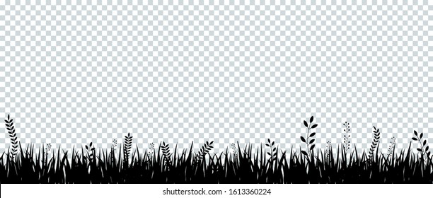 Black silhouette of grass on transparent background. Template for summer, birthday or holiday card. Eco poster. Herbal medicines, natural products, healthy food. Flat vector cartoon illustration.