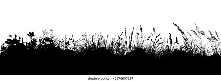 Black silhouette of grass. Skyline. Floral background. Wild grass. hand drawing. Not AI, Illustrat3 . Vector illustration.