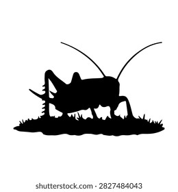 Black silhouette of a grasshopper standing on grass, showcasing detailed antennae and body posture against a plain white background.