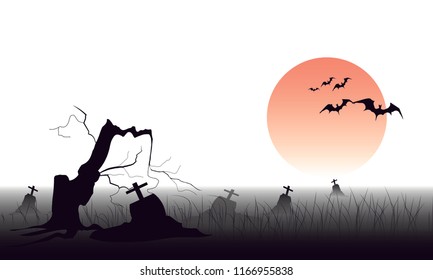 Black silhouette of the grave Red moon Crosses and graves Elements of the cemetery Panoramic tomb Vector illustrations