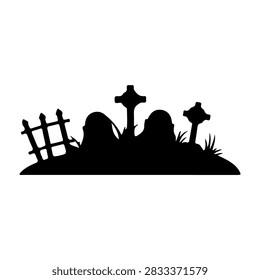 Black silhouette of a graveyard scene featuring tombstones, crosses, and grass, symbolizing death, remembrance, and cemetery environment.