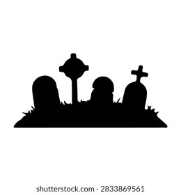 Black silhouette of a graveyard scene featuring various tombstones and crosses on a grassy ground against a white background.