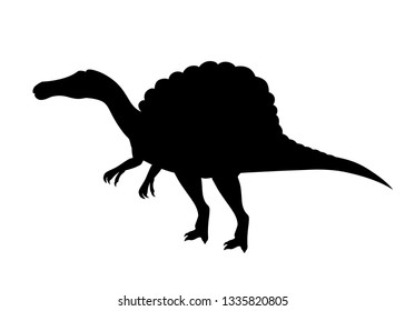 Black silhouette. Gray Spinosaurus. Cute dinosaur, cartoon design. Flat vector illustration isolated on white background. Animal of jurassic world. Giant carnivore dinosaur.