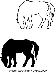 black silhouette of a grazing horse. The horse lowered his head. Contour horse on a white background